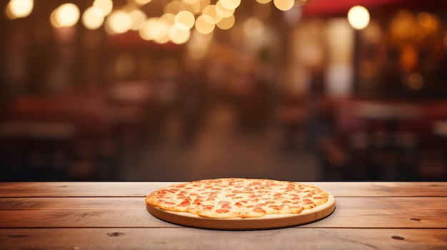 Foto mesa de exibição de produtos vazia com pizzaria borrada