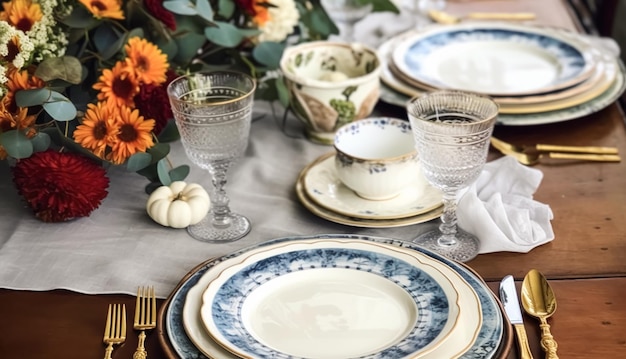 Mesa de férias formal com decoração azul mesa de jantar com talheres elegantes e talheres para festa de casamento e evento generativo ai