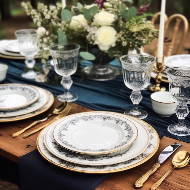 Mesa de férias formal com decoração azul mesa de jantar com talheres elegantes e talheres para festa de casamento e evento generativo ai