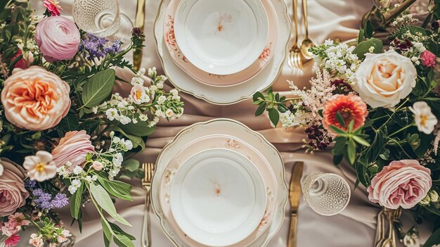 Mesa de festa de jardim elegância de paisagem com decoração de mesa floral