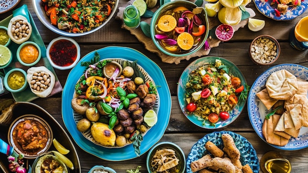 Mesa de festa Ramadan kareem Iftar com diversos pratos árabes tradicionais festivos AI Generative