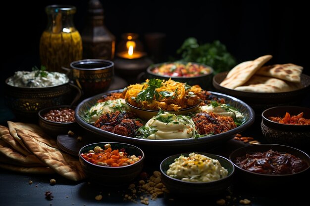 Mesa de festa Ramadan kareem iftar com diversos pratos árabes tradicionais festivos