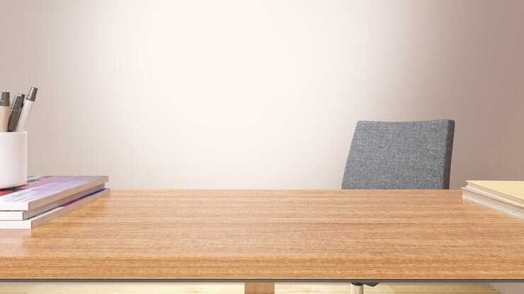 Foto mesa de grãos de madeira em um fundo marrom claro com uma cadeira de escritório e livros, simulação, renderização em 3d