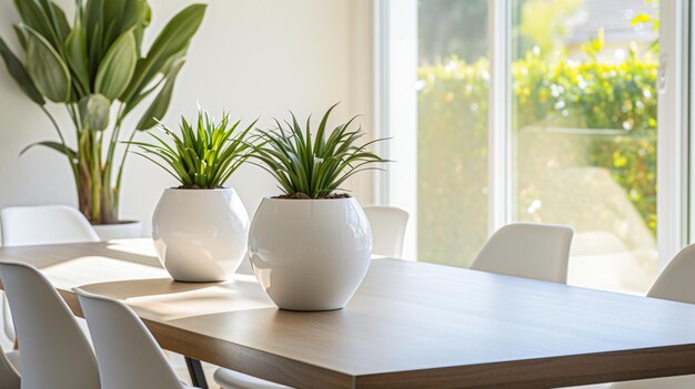 Mesa de jantar com cadeiras brancas e planta em vaso