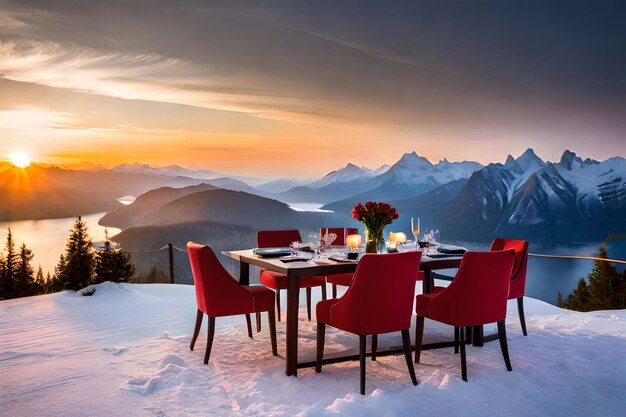 Mesa de jantar com cadeiras vermelhas e uma vista de montanhas e montanhas