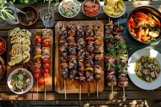 Foto mesa de jantar com carneiro grelhado, kebab, espeto de frango com legumes assados e aperitivos