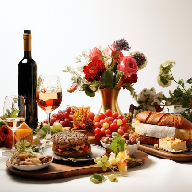 Mesa de jantar com comida e flores em fundo branco