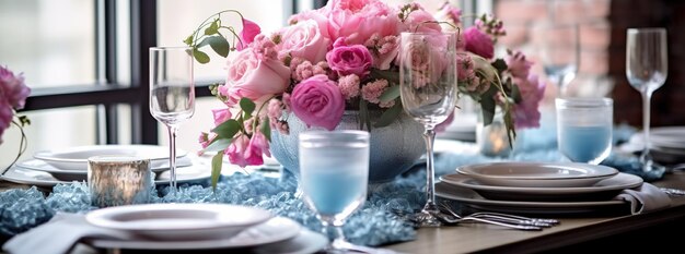 mesa de jantar com decoração floral sofisticada