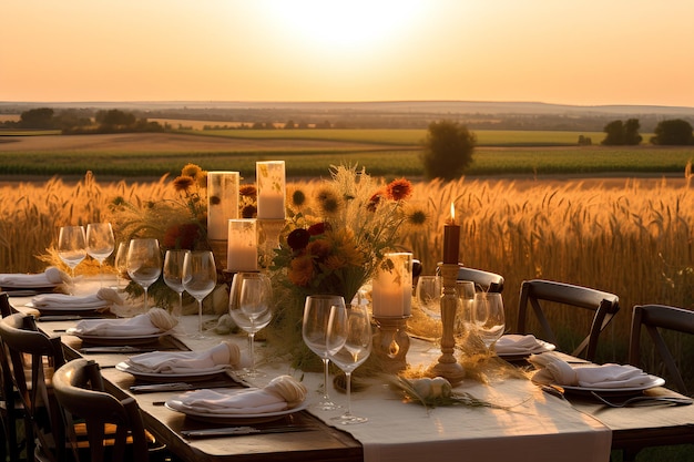 Foto mesa de jantar com decorações de casamento no campo