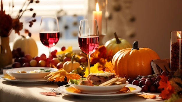 Mesa de jantar de Ação de Graças com comida e vinho do Dia de Ação de Graças no estilo vermelho claro e bege