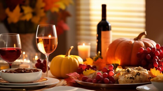 Foto mesa de jantar de ação de graças com comida e vinho do dia de ação de graças no estilo vermelho claro e bege