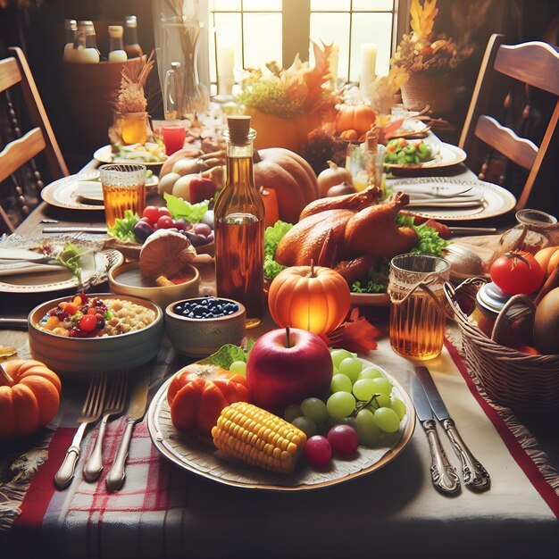 Mesa de jantar de Ação de Graças com peru assado em tons vintage