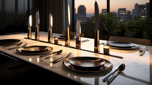 Mesa de jantar de ambiente elegante em restaurante moderno com talheres de ouro