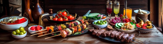 Mesa de jantar de cozinha oriental com kebab grelhado e legumes fritos frutas lanches variados em uma mesa rústica Generative Ai