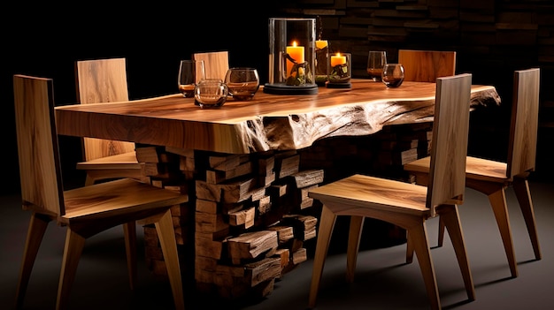 Mesa de jantar de madeira natural e cadeiras perfeitas para um jantar aconchegante com amigos Ilustração de IA generativa