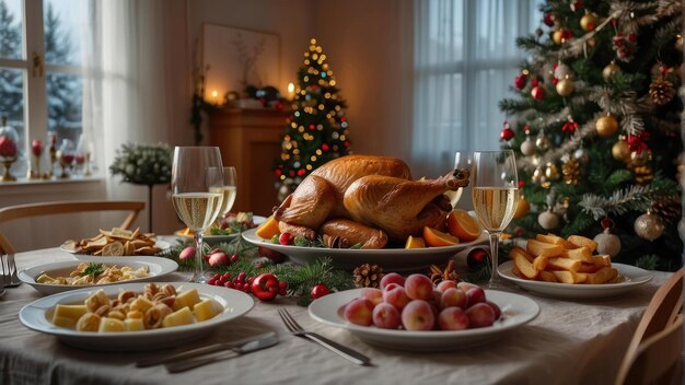 Foto mesa de jantar de natal com uma atmosfera calorosa e convidativa