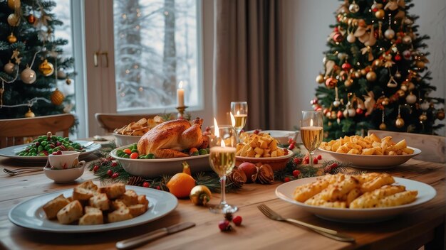 Foto mesa de jantar de natal com uma atmosfera calorosa e convidativa