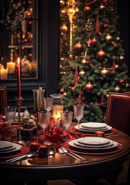 mesa de jantar de Natal definida em uma casa com uma árvore de Natal