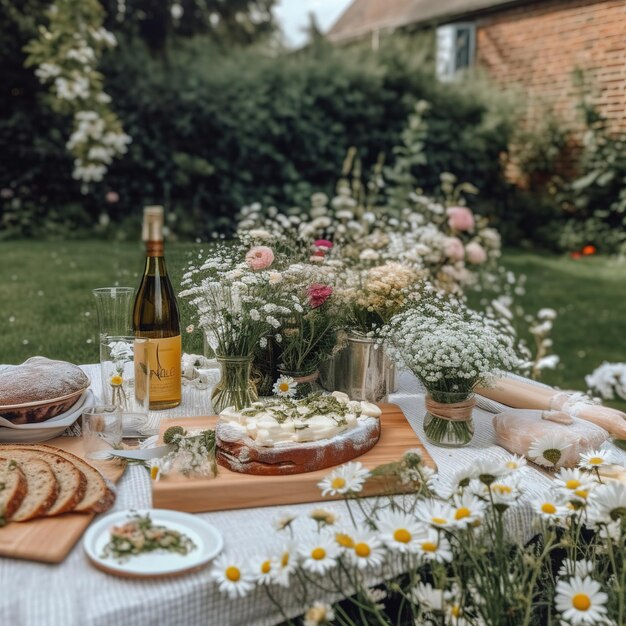 mesa de jantar em um jardim exuberante