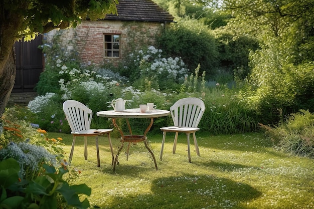 mesa de jantar em um jardim exuberante