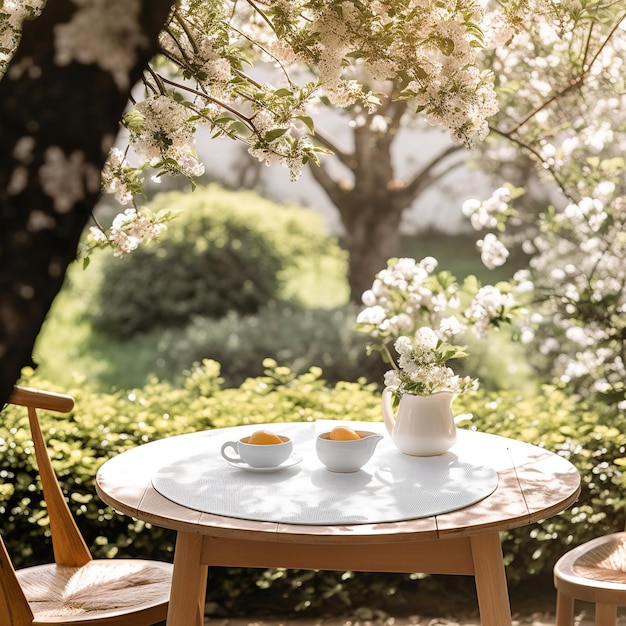 mesa de jantar em um jardim exuberante