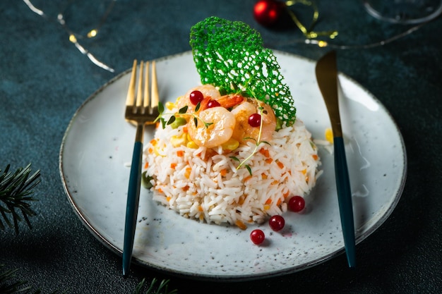 Mesa de jantar espanhola com paella de camarão e champanhe Vestida para o jantar de natal Comida de natal