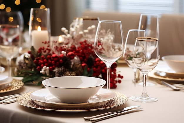 Mesa de jantar familiar branca de Natal com pratos, pratos, taça, prato, prato de baixo, copos de vinho, talheres