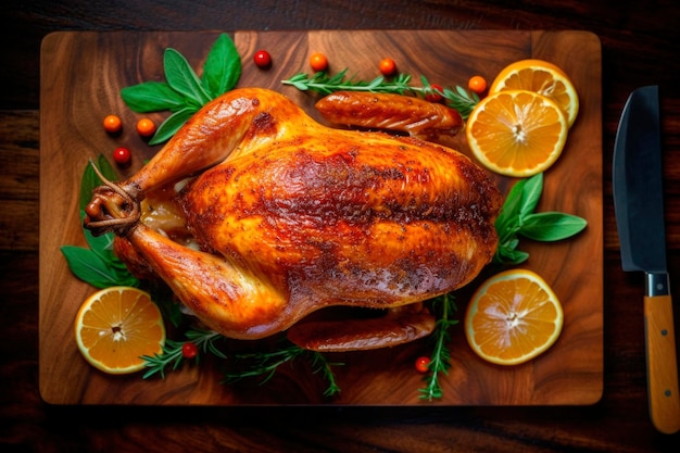 Mesa de jantar familiar com delicioso peru assado na travessa para a celebração do Dia de Ação de Graças Comida tradicional do feriado americano na temporada de colheita de outono gerada por IA