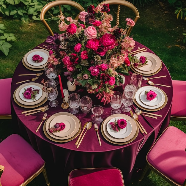 Mesa de jantar formal de férias, configuração de mesa de peônia rosa com decoração de peônias para festa de casamento e celebração de eventos pós-processada generativa ai