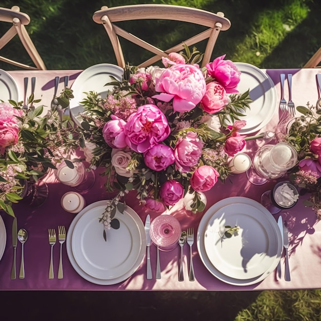 Mesa de jantar formal de férias, mesa de jantar de peônia rosa com decoração de peônias para festa de casamento e celebração de eventos pós-processada generativa ai