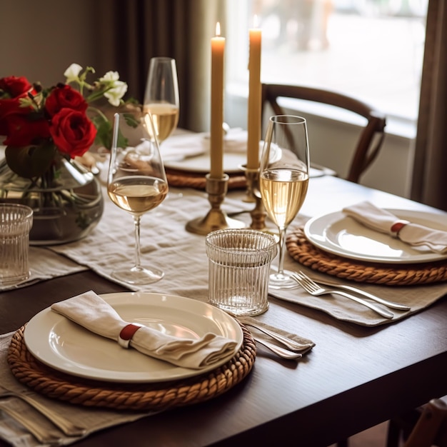 Mesa de jantar formal do país, cenário de mesa com talheres elegantes e louças para ideia de decoração de casamento e evento