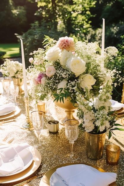 Mesa de jantar formal dourada para mesa de jantar com decoração dourada para festa de casamento e celebração de eventos generativa ai