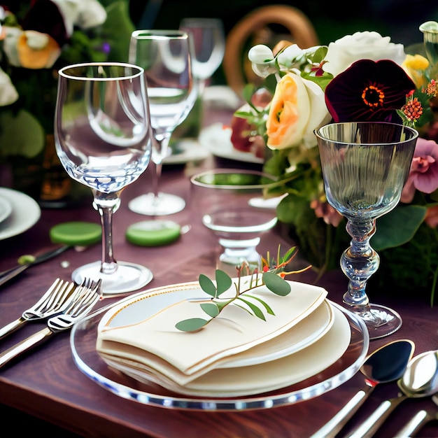 Mesa de jantar posta com flor de vidro e louça