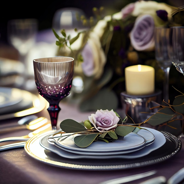 Mesa de jantar posta com flor de vidro e louça