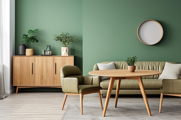 Mesa de jantar redonda de madeira e cadeiras com sofá e armário contra paredes verdes