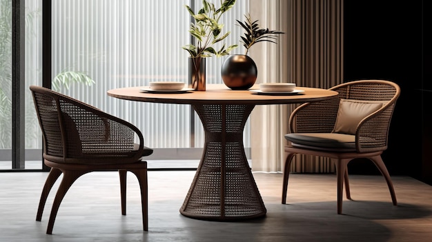 Mesa de jantar redonda elegante de vime para interiores modernos