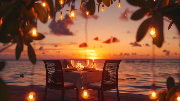 Mesa de jantar romântica ao pôr-do-sol perto do mar