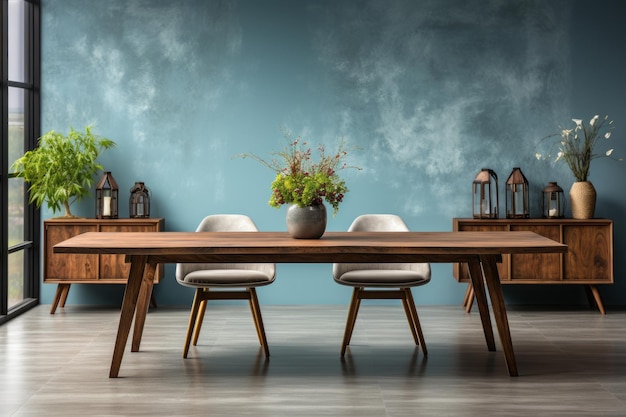 Mesa de jantar rústica e cadeiras brancas contra uma parede de estuque azul com laje de madeira como decoração de parede