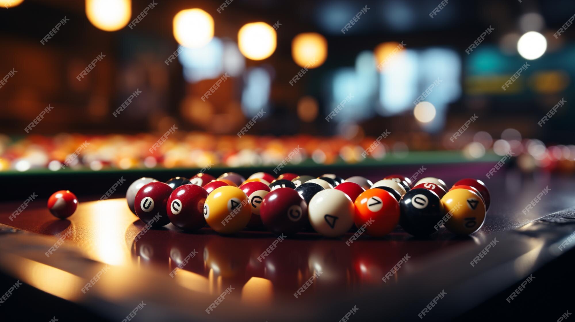 Bolas de bilhar na mesa verde, closeup, ninguém, jogo de sinuca