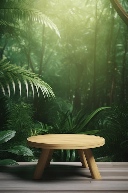 Mesa de madeira 3D com fundo de floresta tropical ou jardim para colocação de produtos
