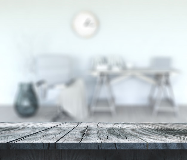 Foto mesa de madeira 3d com interior de sala defocercada