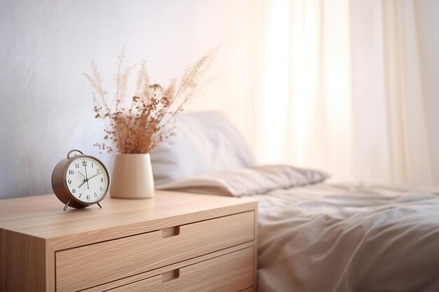 Mesa de madeira à beira da cama em um quarto iluminado