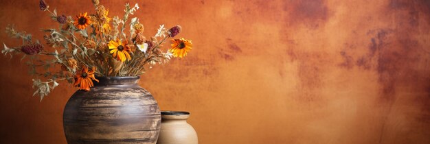 Mesa de madeira aconchegante com buquê de flores secas e parede de terracota como fundo interior da casa