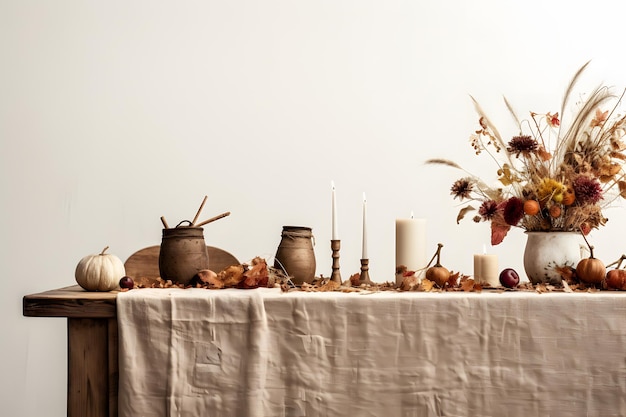 mesa de madeira adornada com decoração outonal preparando o palco para reuniões festivas do equinócio