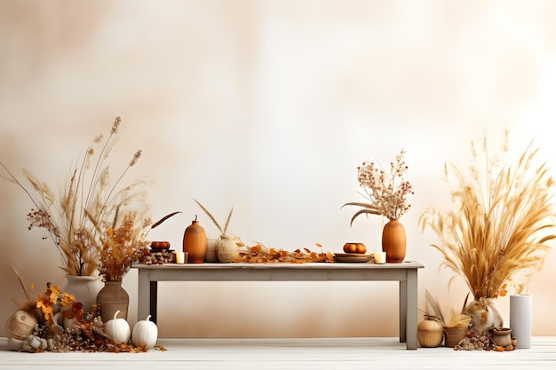 mesa de madeira adornada com decoração outonal preparando o palco para reuniões festivas do equinócio