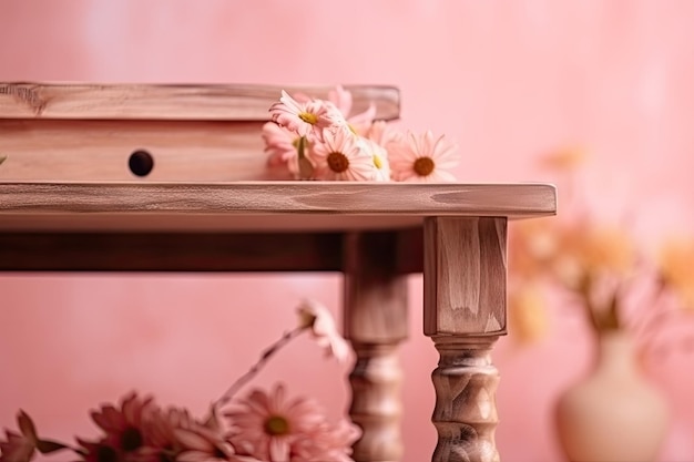 Mesa de madeira adornada com flores rosa e vasos Generative AI