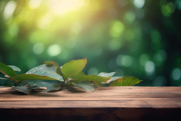 Mesa de madeira adornada com folhas verdes frescas Generative AI