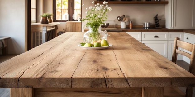 Mesa de madeira atraente em um cenário de cozinha