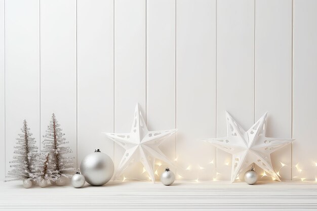Mesa de madeira branca vazia com maquete de decoração de Natal