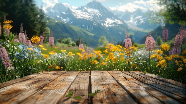 Mesa de madeira cercada de flores silvestres e montanhas